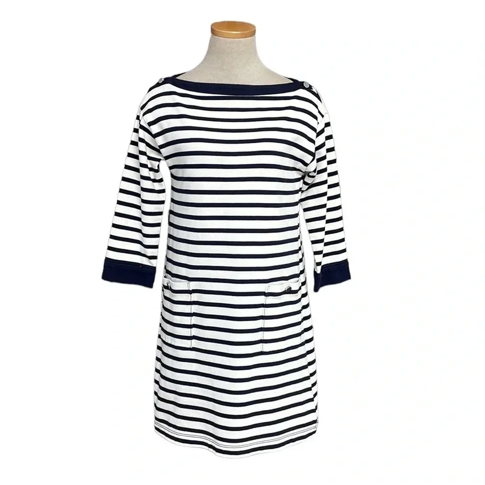 Kate Spade Dress Nautical Stripe Navy Blue White Boatneck Pockets Size Small